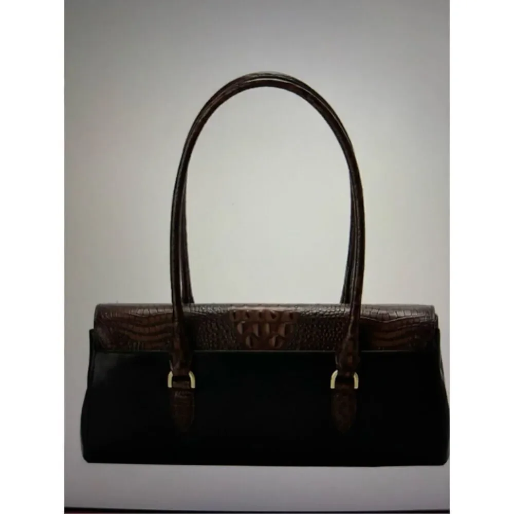Brahmin Brown Croc-Textured & Black Leather Satchel - Picture 2 of 6